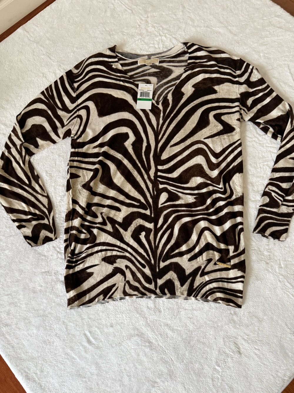 NWT Thin Knit L Stretchy Sweater Michael Kors Brown Cream Animal Print Thin Top